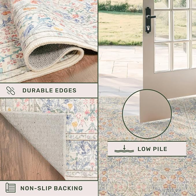 3x5 Washable Area Rug for Bedroom Beside Bed Mat, Large Kitchen, Entryway Rug Indoor - Ultra Soft Vintage Floral Beige Blue Decor Non-Slip Low Pile Stain Resistance