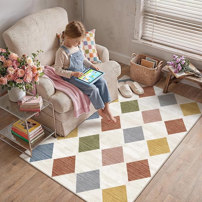 4x6 Washable Area Rug Kids Room Colorful Non Slip Checkered Carpet | Soft, Low Pile, Easy Clean, Diamond Pattern for Doormat, Nursery, Play Room, Entryway, Bedroom, Modern Indoor Decor