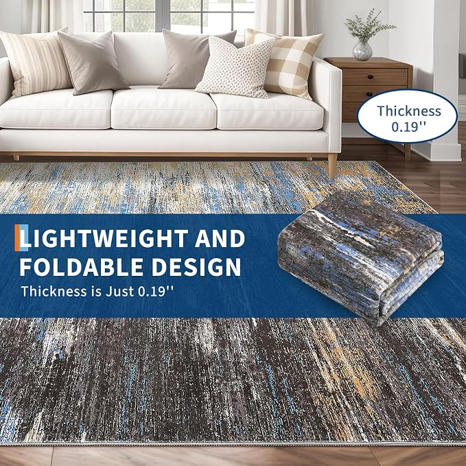 ROYHOME Washable Runner Rug 2x6 Modern Abstract Kitchen Rugs, Blue/Brown | Non Slip Bathroom Rug, Low Pile Laundry Room Soft Long Carpet for Hallway Bedroom Entryway