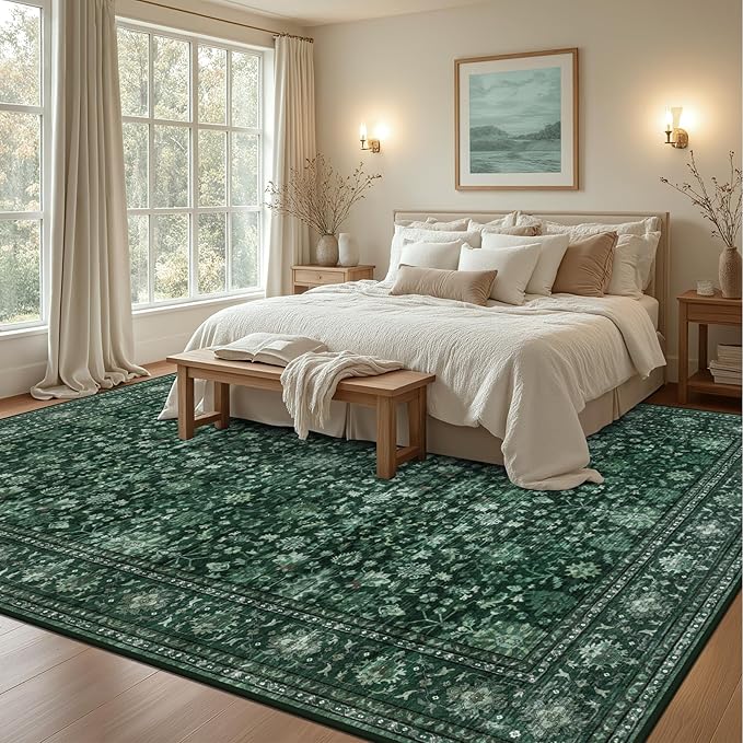 10x12 Area Rugs Living Room: Washable Rug for Bedroom Deep Green | Vintage No Slip Stain Resistant Rug Soft Indoor Decor Floor Floral Area Rugs for Dining Room, Nursery, Hallway, Home Office