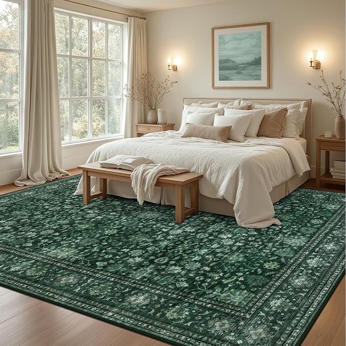 8x10 Area Rugs Living Room: Washable Rug for Bedroom Deep Green | Boho No Slip Stain Resistant Rug Soft Indoor Decor Floor Floral Area Rugs for Dining Room, Nursery, Hallway, Home Office