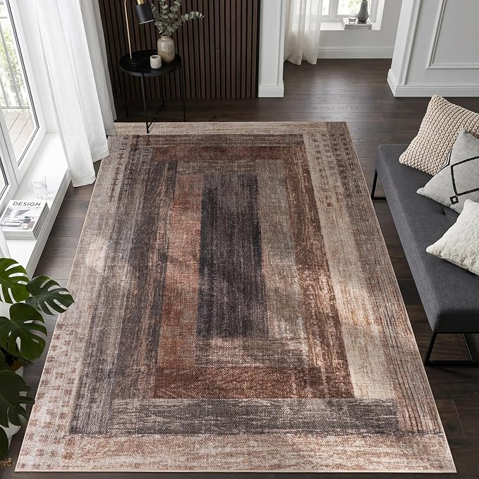 Neutral Geometric Beige 9x12 ft Large Rug for Living Room Bedroom | Contemporary Modern Area Rugs Vintage Non-Slip Soft Faux Wool Low Pile Indoor Carpet for Dining Room Office Home Decor