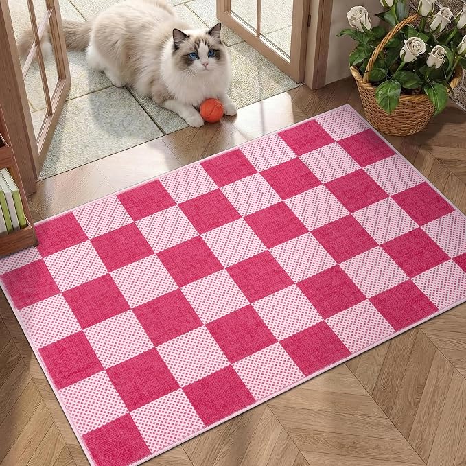 GarveeHome Checkered Hot Pink 2x3 Washable Girls Rug Low-Pile Room Door Mat | Hot Pink Soft Stain Resistant Boys Rug for Entryway Bedroom Bathroom Kitchen Non-Slip Geometric Modern Rug TPE Backing