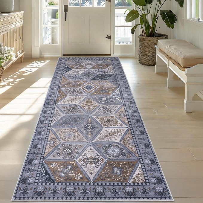 Moroccan Vintage Distressed Boho Geometric Dark Grey 2x6 Runner Rug | Washable Non Slip Throw Floor Long Carpet Runner for Hallway Entryway Kitchen Bathroom Bedroom Livingroom Light Grey