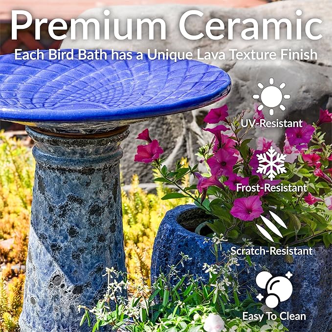 Sunnydaze Rennes Outdoor Ceramic Bird Bath - 22.5" H - UV- and Frost-Resistant - Glazed Bowl with Blue Lava Finish