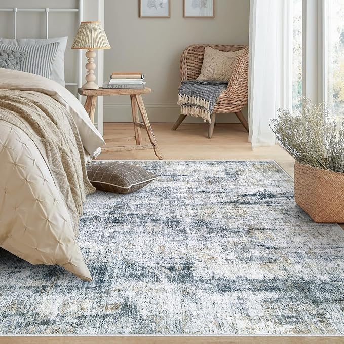 5x7 Area Rugs Washable Rug: Abstract Neutral Rugs Modern Non Slip Area Rug Stain Resistant Low Pile Indoor Carpet for Dining Room Bedroom Nursery Office (Multi Blue, 5'x7')