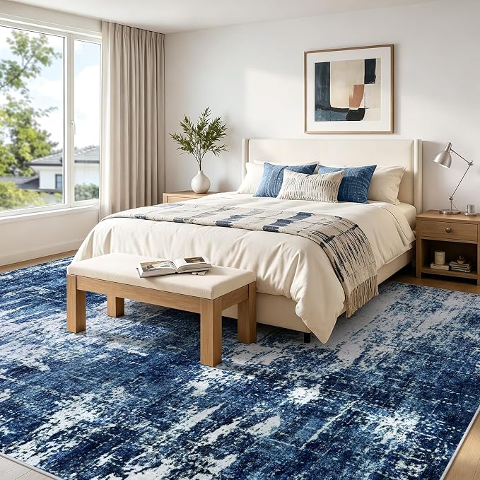 9x12 Washable Area Rug Modern Abstract for Living Room Bedroom Deep Blue | Soft Indoor Carpet,Anti-skid Backing,Water Repellent,Non-shedding, Suitable for bedroom dining farmhouse nursery home office