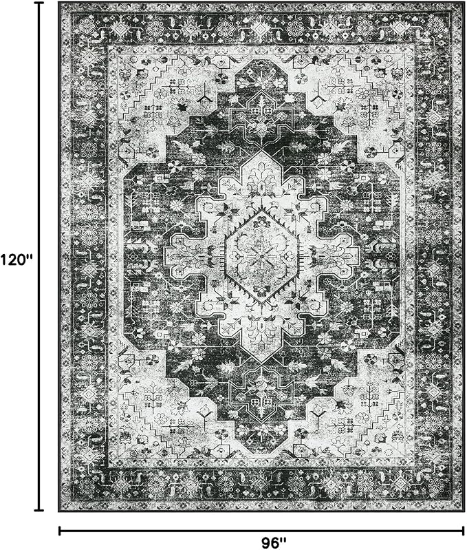 Moynesa Ultra-Thin Washable Area Rugs 8x10 Black and White Rugs for Living Room, Boho Large Rugs for Bedroom Non Slip Lightweight, Vintage Low Pile Carpet for Dining Room Home Office Decor
