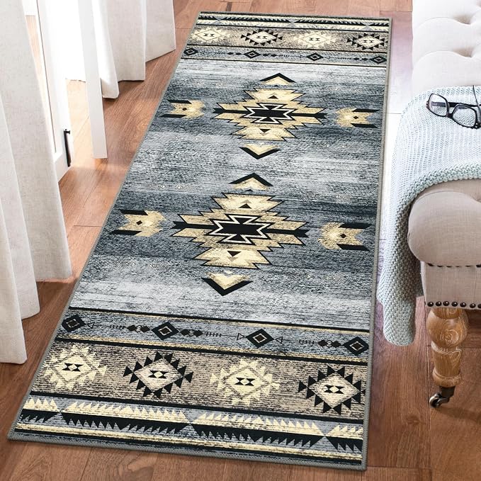 BENRON Western Hallway Runner Rug 2x6, Long Runners for Kitchen, Grey | Southwest aztec Rug, Accent and Tribal Throw Rugs for Bedroom, Washable