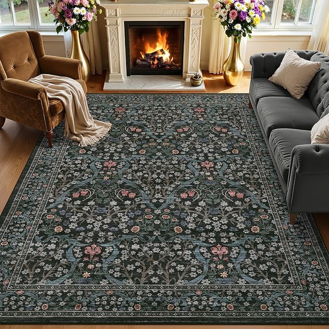 GarveeHome 6x9 Washable Area Rug for Living Room, Floral Dining Room Rugs for Under Table, Low Pile Non-Slip Stain Resistance Floor Carpet for Bedroom, Dark Black