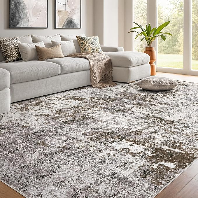DMOYEST 10x12 Area Rug for Living Room Washable Abstract Indoor Carpet | Neutral Modern Low Pile Rugs Kid & Pet Friendly Large Soft Thin Carpet for Bedroom Dining Room - Dark Brown