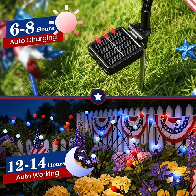 4th of July Outdoor Decorations, Red White Blue Lights Solar Firefly Lights, Patriotic Outdoor Decor for Independence Day, Fourth of July Decor for Garden Yard (4 Pack,Red, White, Blue)