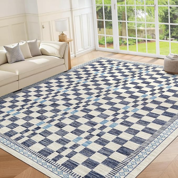 GarveeHome 3x5 Small Rug for Bedroom Machine Washable Blue Checkered Rug | Non-Slip Low Pile Modern Abstract Checkered Accent Mat for Porch Contemporary Premium Soft Area Rug for Living Room Dining