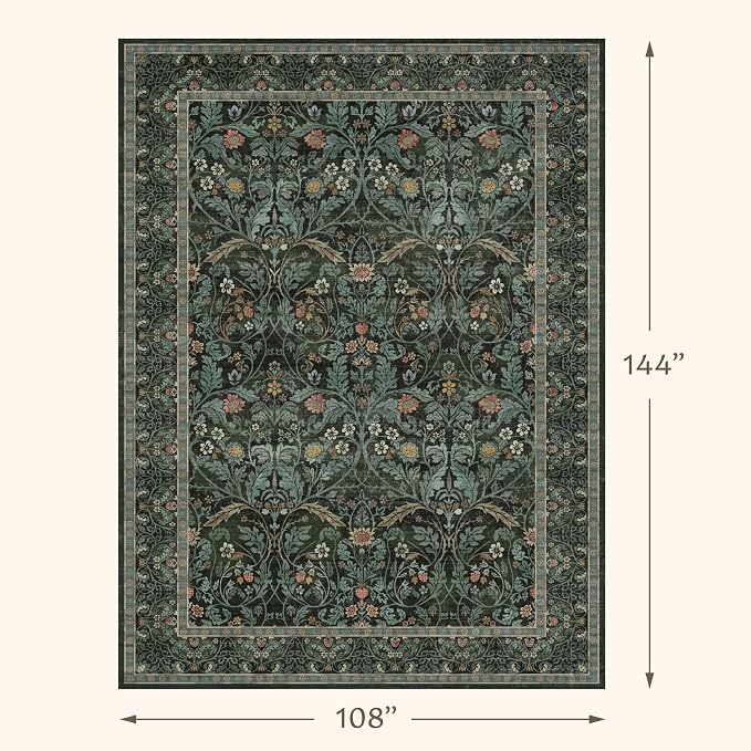 Washable Area Rug 9x12 Living Room, Ultra Soft Dark Floral Large Washable Rugs for Bedrooms, Dining Room, Moody Woodland Low Pile & Non Skid Indoor Floor Carpets (Dark Green)