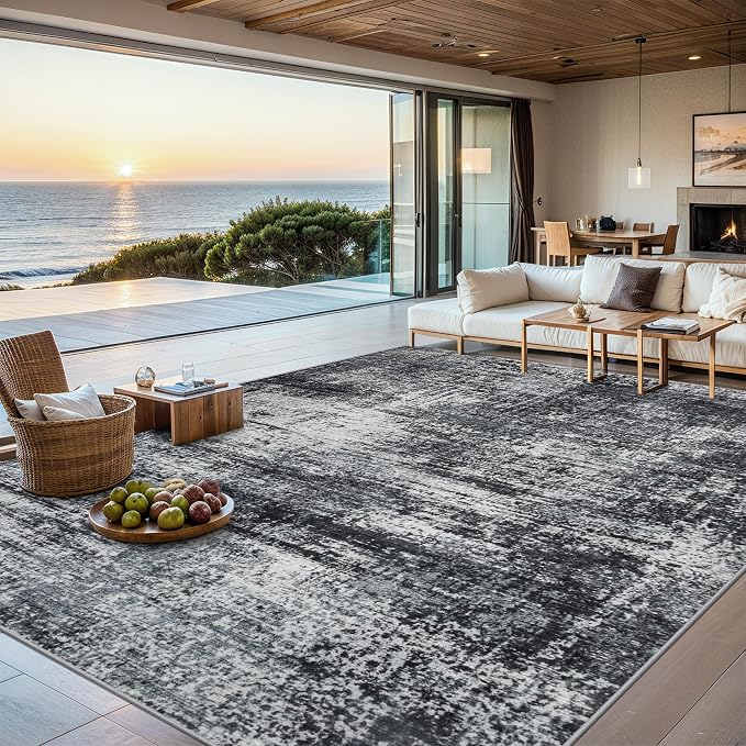 PLHXFR 8x10 Area Rug Living Room: Abstract Washable Carpet Dark Black | For Bedroom Dining Room Farmhouse Nursery Home,Machine washable,Non Slip,Large Soft Neutral,Stain Resistant, Indoor Floor