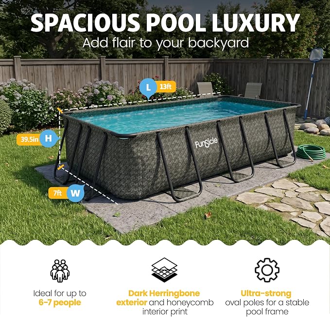 Funsicle Oasis Designer Lap 13' x 7' x 39.5” Rectangular Above Ground Swimming Pool, with FiltraBoost 800 GPH Filter Pump, Ladder & Repair Patch, Dark Herringbone | Rectangular Pool with FiltraBoost 800 GPH Filter Pump, Ladder & Repair Patch, Dark Herr...