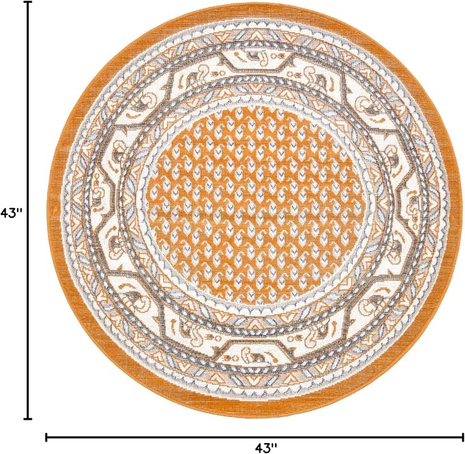 Unique Loom Williamsburg Collection Traditional Border with Dotted Center Area Rug, Round 3' 7" x 3' 7", Orange/Beige