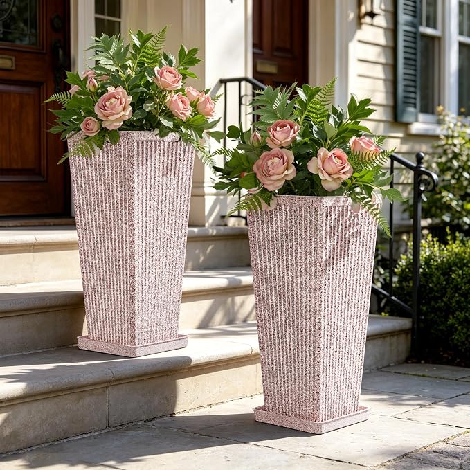 Square Tall Planters for Outdoor Plants Set of 2 - Faux Stone Fluted Large Outdoor Planters for Porch with Tray Saucers and Drainage Holes, Tall Indoor Flower Pots for Patio Garden, Red White