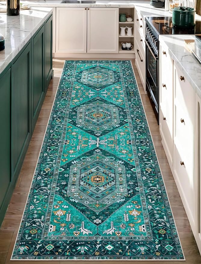 SERISSA 2'6"x10' Washable Non Slip Boho Runner Rug for Hallway，Teal | Ultra Soft Vintage Oriental Carpet Low-Pile Tribal Floor Carpet for Kitchen Bedroom Bathroom Laundry Room
