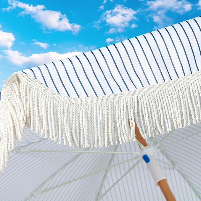 Seazul 6.5ft Patio Umbrella with Fringe, Beach Umbrella, Fringe Umbrella Outdoor Patio with Hanging Hook, Tilting Aluminum Pole, UV 50+, Fiberglass Ribs, Blue White Stripe