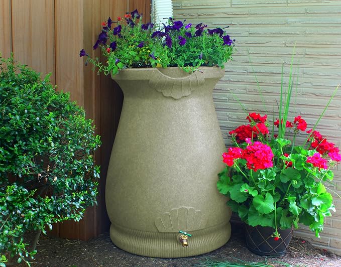 Good Ideas Rain Wizard Plastic Resin Urn, 65 Gallon Rain Barrel with Self-Draining Planter Top and Meshed Screen to Block Debris, Sandstone