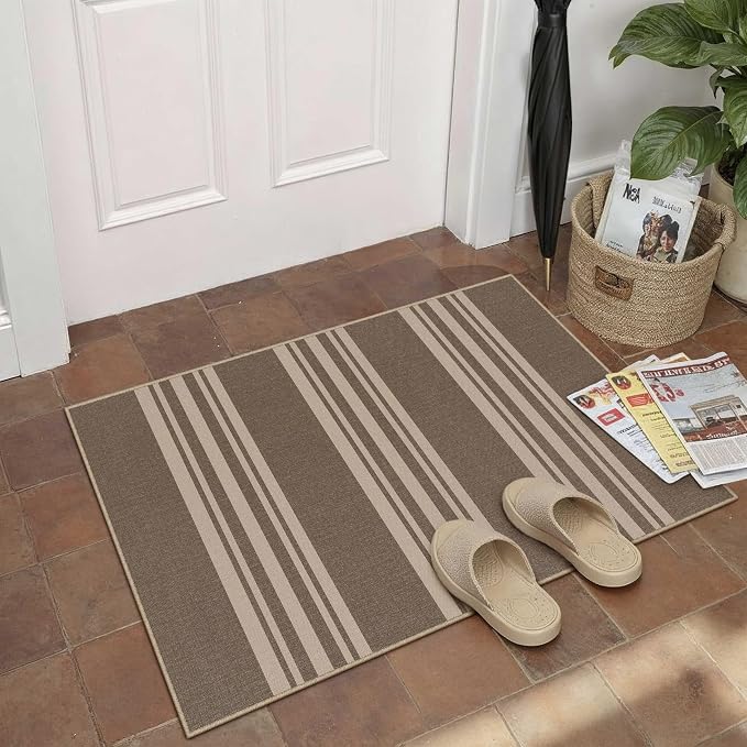PureCozy Striped Easy Jute Rug 2x3 Brown Entryway Carpet Washable Non Slip Door Mat Farmhouse Neutral Non Shedding Entry Small Indoor Outdoor Rug for Kitchen Bedroom Mudroom Bathroom
