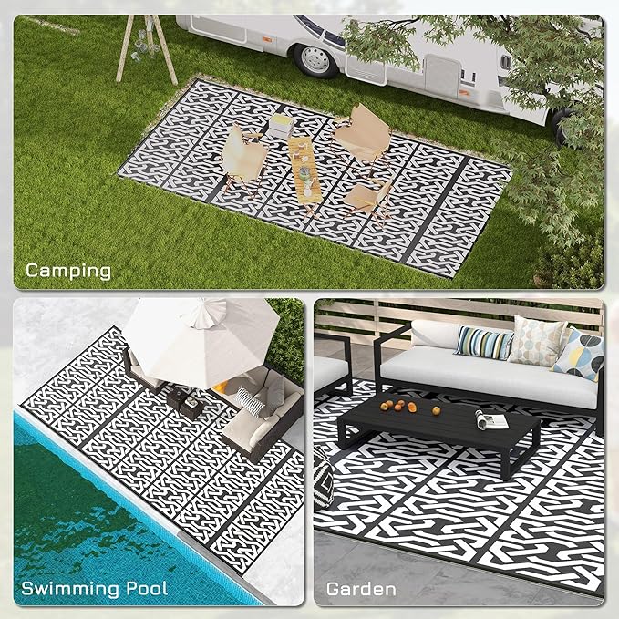Outsunny Outdoor Rug for Patio, 9' x 18' Waterproof Large Mat, Reversible Plastic Straw Rug for Decor, Portable Outside RV Camping Area Carpet Mat for Backyard Porch Deck Picnic, Black & White Chain