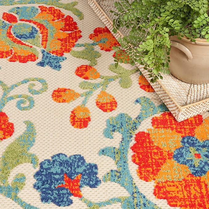 Nourison Home Aloha Red Multicolor 7'10" x 10'6" Area Rug - Easy Clean, Non Shedding, Bed Room, Living Room, Dining Room, Kitchen (8' x 11')