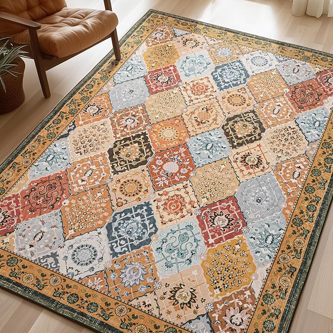 Phantoscope Washable Area Rug 5'x7' Non-Slip, Vintage Boho Rugs for Living Room, Bedroom, Dining Room, Distressed Moroccan Mosaic Diamond Pattern, Low-Pile Foldable Floor Carpet, Terracotta/Rust
