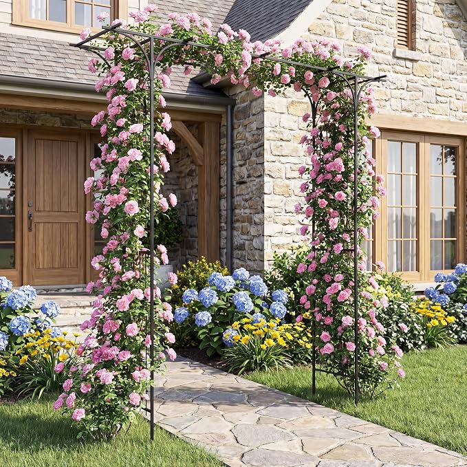 Giantex Metal Garden Arbor with Flat Top Roof, 85" Heavy Duty Outdoor Arch Trellis with Pointed Legs for Climbing Plants, Decorative Wedding Archway for Backyard, Lawn, Party Backdrop