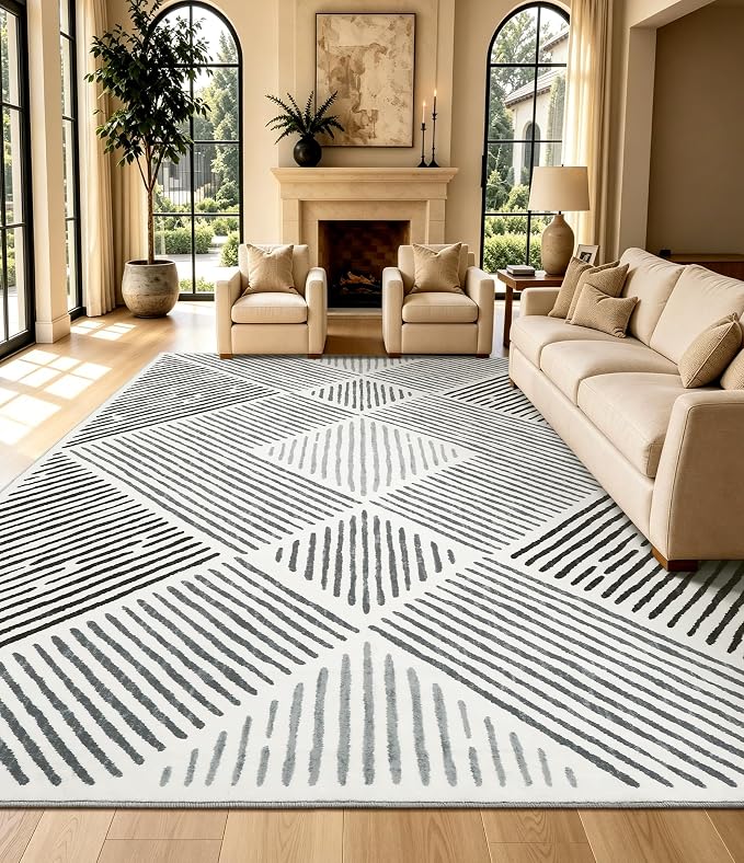 9‘x12' Washable Black and White Modern Area Rug for Living Room | Non-Slip, Low Pile, Stain Resistant, Black Geometric Stripe Large Rug for Bedroom Dining Room