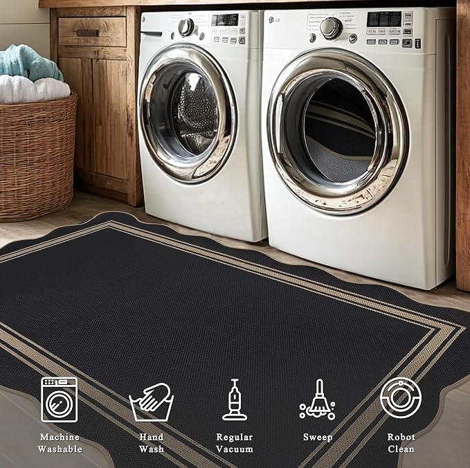 Easy Jute Kitchen Rug 2x3 Front Door Mat Washable Non Slip Entryway Rug Farmhouse Neutral Low Pile Black Scalloped Rugs for Entryway Proch Doorway