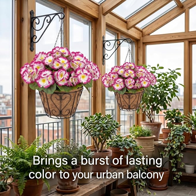 2 Pack Artificial Geraniums Flowers with Hanging Baskets,UV Resistant Silk Faux Geranium Flowers with Hanging Planters for Outdoor Patio Balcony Porch Garden Home Decor (Gradient Rose Red)