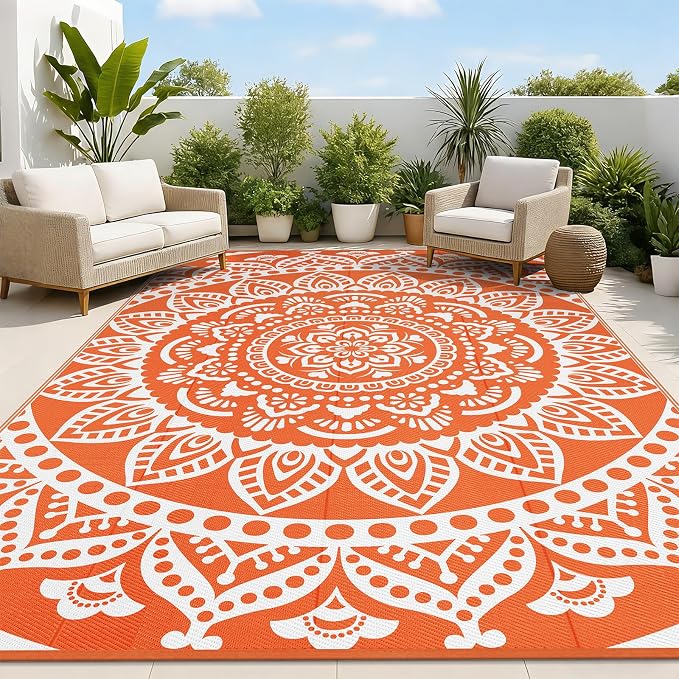Bsmathom Waterproof Outdoor Rug 9x12ft Orange | Large Reversible, Boho Plastic Straw, Portable RV Mat, For Patio Deck Camping Beach Pool
