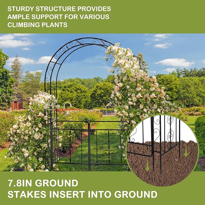 Garden Arch Trellis with Gate, Heavy-Duty Steel Frame Support Arbour Archway for Climbing Plant, Rose Vines, Vegetables, Outdoor Decoration for Lawn Backyard Party Wedding, Arc Top