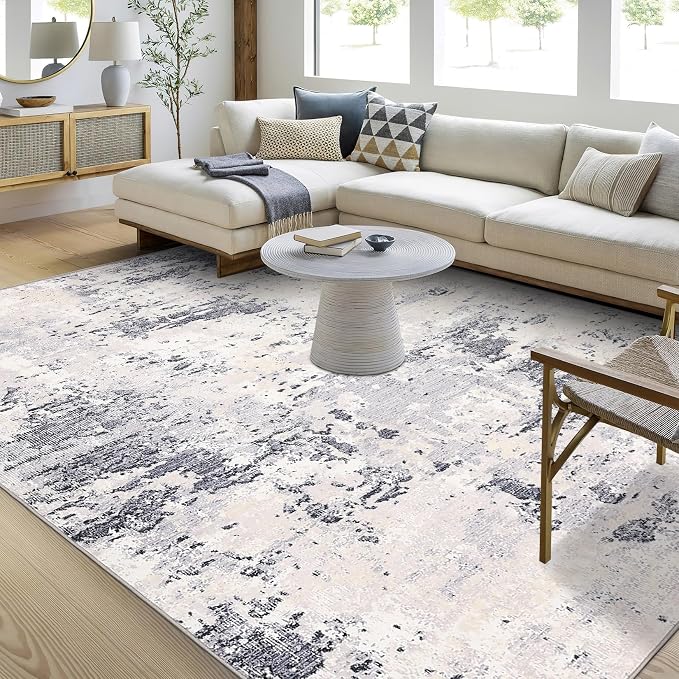 ROYHOME 9x12 Modern Abstract Accent Rug for Living Room, Grey Taupe | Stain Resistant Non Slip Low Pile Accent Bedroom Rug Indoor Floor Cover for Office Home Decor