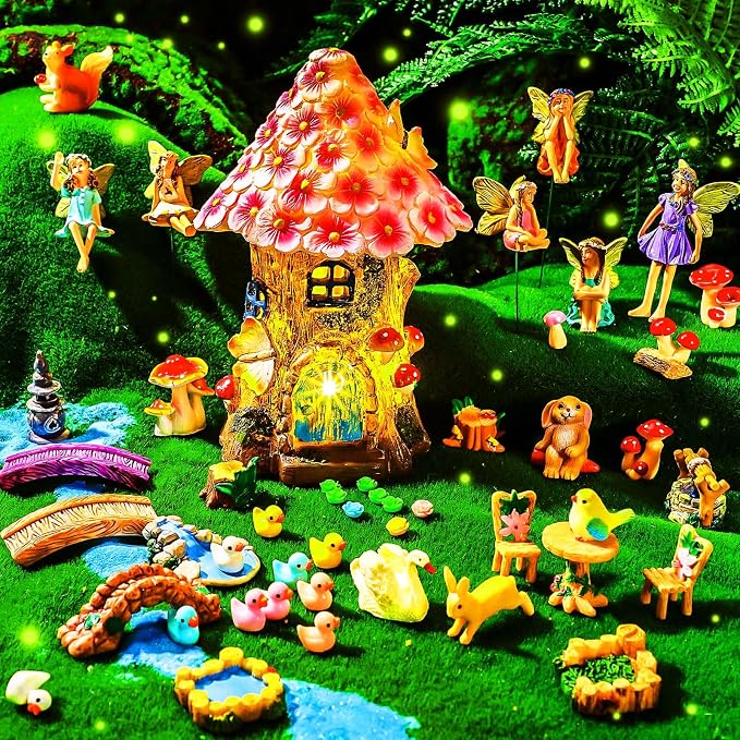 Poen 8'' Solar Light up Fairy House Garden 6-8 Fairy Figures Garden Accessories Kit Animals Doll House Decor Outdoor Micro Landscape Ornaments(Pink)