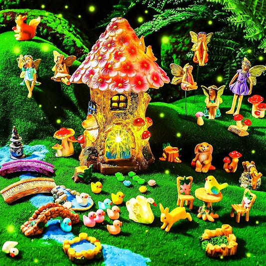 Poen 8'' Solar Light up Fairy House Garden 6-8 Fairy Figures Garden Accessories Kit Animals Doll House Decor Outdoor Micro Landscape Ornaments(Pink)