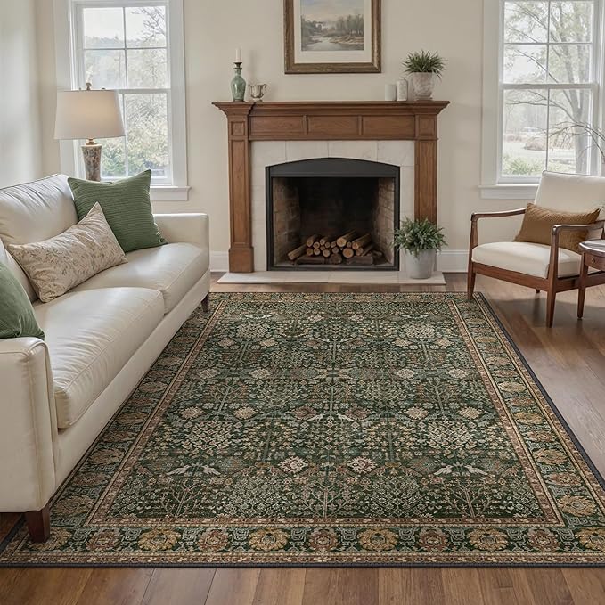 5x7 Washable Area Rug for Living Room, Non Slip, Dark Green Brown | Vintage Floral, Spill Resistant, Lightweight Ultra-Thin Carpet for Bedroom, Dining Room and Office