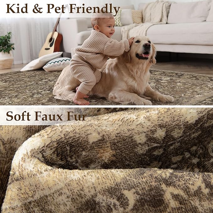 HUGEAR 6x9 Machine Washable Rugs Brown Hallway Large Area Rug Indoor Accent Rug Floral Mid Pile Carpet Soft Thicker Throw Aesthetic Rug Bedroom Living Room Office Dining Kitchen Laundry