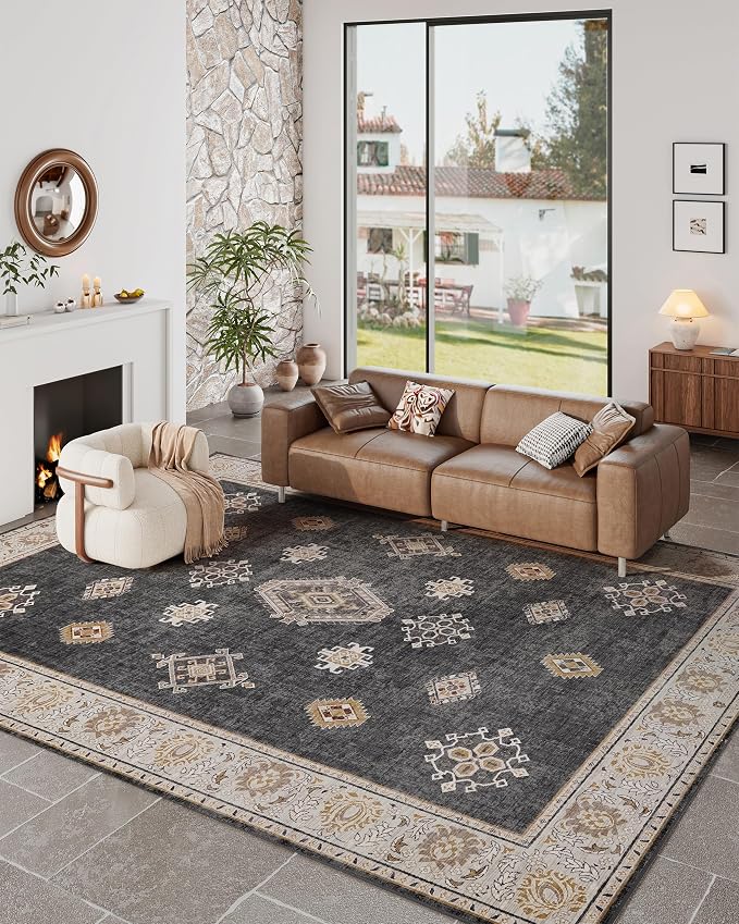 ILANGO Area Rugs 9'x12' Non Slip for Indoor Vintage Washable Rugs for Laundry Entryway Hallway Ultra-Thin Low-plie Floor Carpet for Bedroom Living Room Easy Cleaning