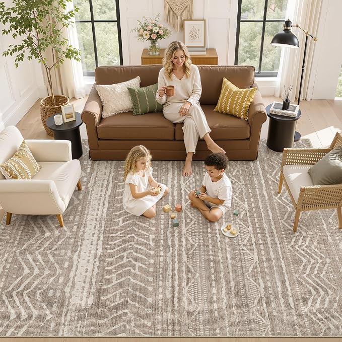 Nakagishi 12x15 Area Rug Living Room: Washable Boho Large Neutral Modern Soft Farmhouse Rugs Stain Resistant Indoor Floor Non-Slip Carpet for Bedroom Kids Playroom Office Dining Room- Dark Brown