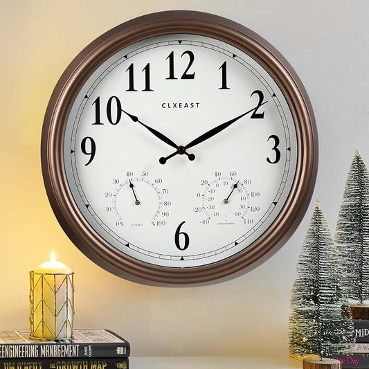 CLXEAST 18 Inch Indoor Outdoor Clocks Waterproof, Large Outdoor Clock with Temperature and Humidity Combo,Weatherproof,Bronze/Brown