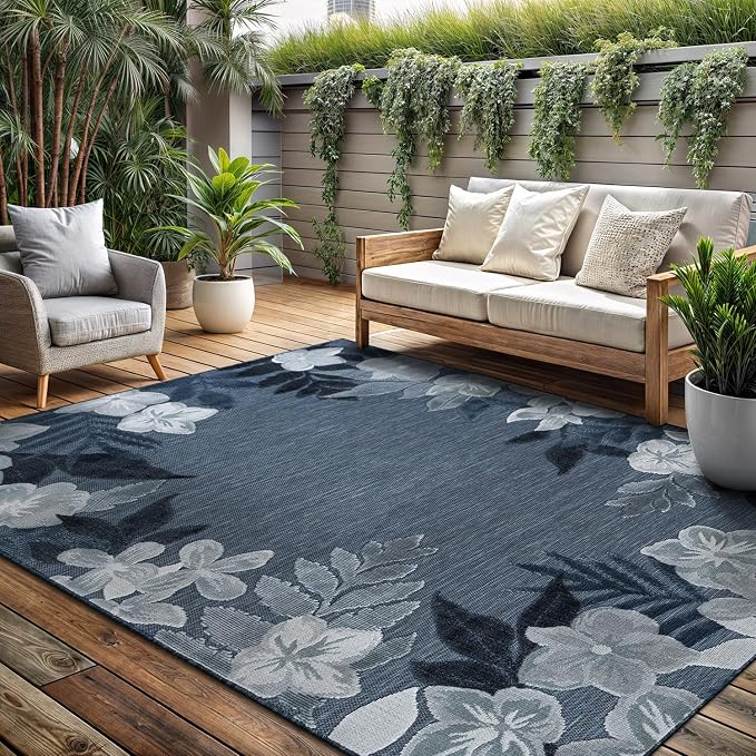 Outdoor Rug 6x9 Washable Area Rugs Indoor Outdoor Carpets Navy Border Floral Non Shedding Waterproof Easy Clean Patio Deck Porch Living Room Bedroom Garden RV (6 X 9 Navy)