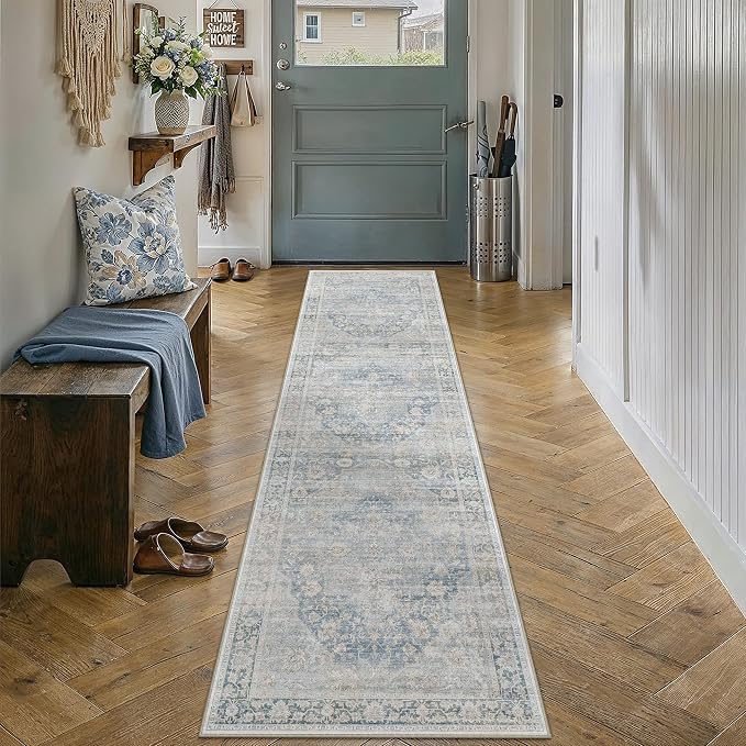 2x8 Blue Farmhouse Runner Rug | Washable, Non Slip, Soft Low Pile, Neutral Vintage, for Hallway Kitchen Laundry Bathroom Bedroom Living Room Home Decor