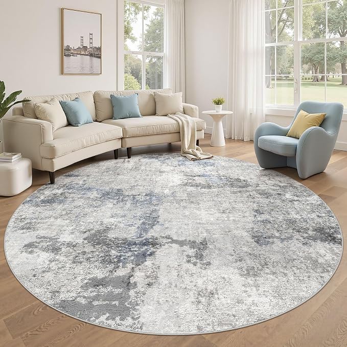 DMOYEST 8ft Round Area Rug for Living Room Washable Non Slip Circle Rug | 8x8 Neutral Modern Abstract Low Pile Rugs Kid & Pet Friendly Soft Carpet for Bedroom Dining Room - Grey Blue