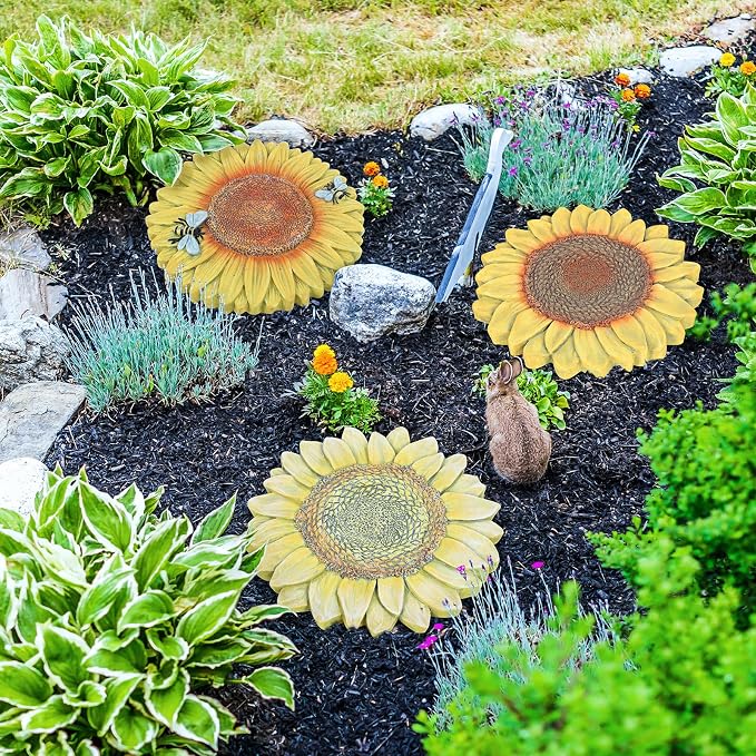 3 Pack Sunflower Cement Stepping Stone for Garden & Patio – 10 Inch Hand-Painted Outdoor/Indoor Decorative Paver, Durable & Weather-Resistant Yard Art, Vibrant Yellow Design