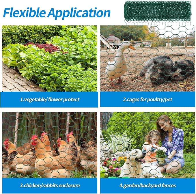 24'' x 150' Green Chicken Wire Fencing, 1 inch Chicken Wire and 19 Gauge Poultry Netting, Garden Mesh Fence Roll for Floral Arrangements/Crafts/Farm/Livestock/Pet Protection