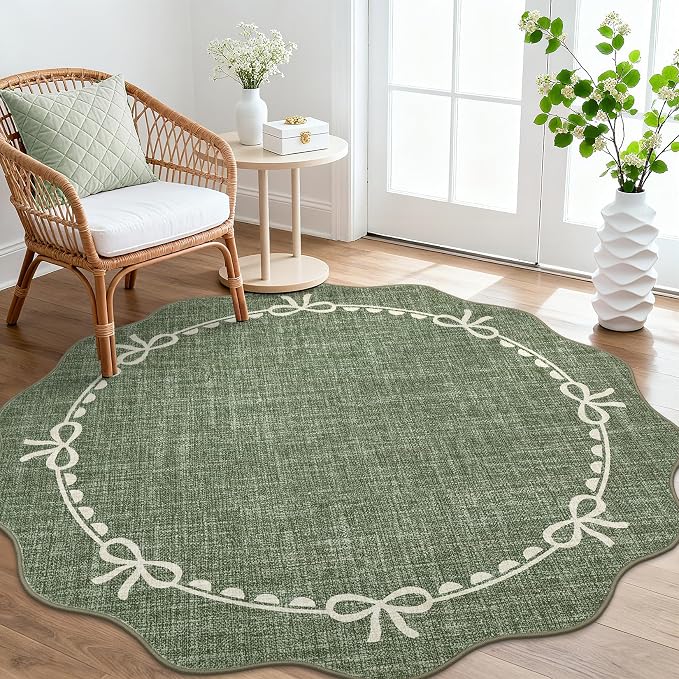 GarveeHome 4ft Round Rugs Washable Scalloped Bow Rug for Bedroom, Green | Non Slip Soft Low Pile Ultra-Thin Stain Resistant Indoor Carpet for Living Room Nursery Girls Dorm Decor Kids Room Playroom