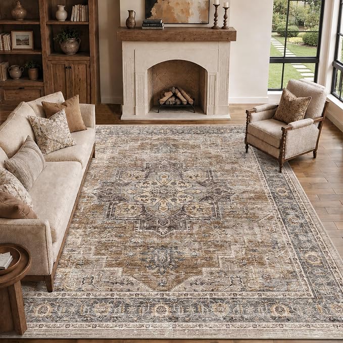 8x10 Area Rug for Living Room Large Washable Vintage Area Rug | Non-Slip, Retro Print, Low Pile, Stain Resistant Carpet, Soft Washable Brown Area Rug, for Bedroom, Dining Room, Home Office